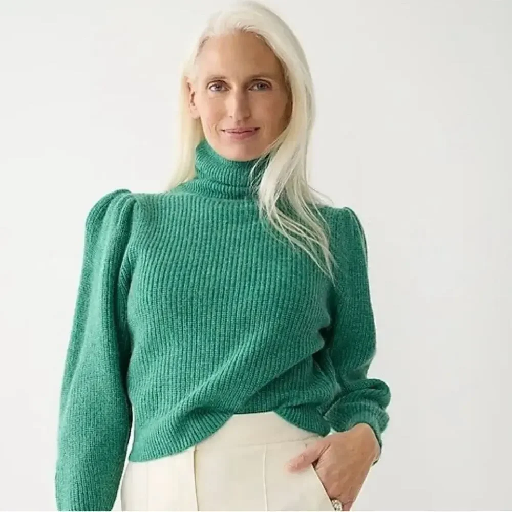 J. Crew Cropped Puff-Sleeve Turtleneck Sweater Persimmon Poppy Womens Small $118